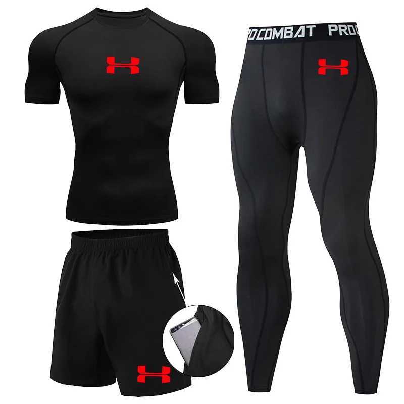 N-Print Rashguard Mens Sportswear Compression Suits Quick Dry Gym Fitness Running Tracksuits Mens T Shirts+Shorts 3 Pieces Sets X250129