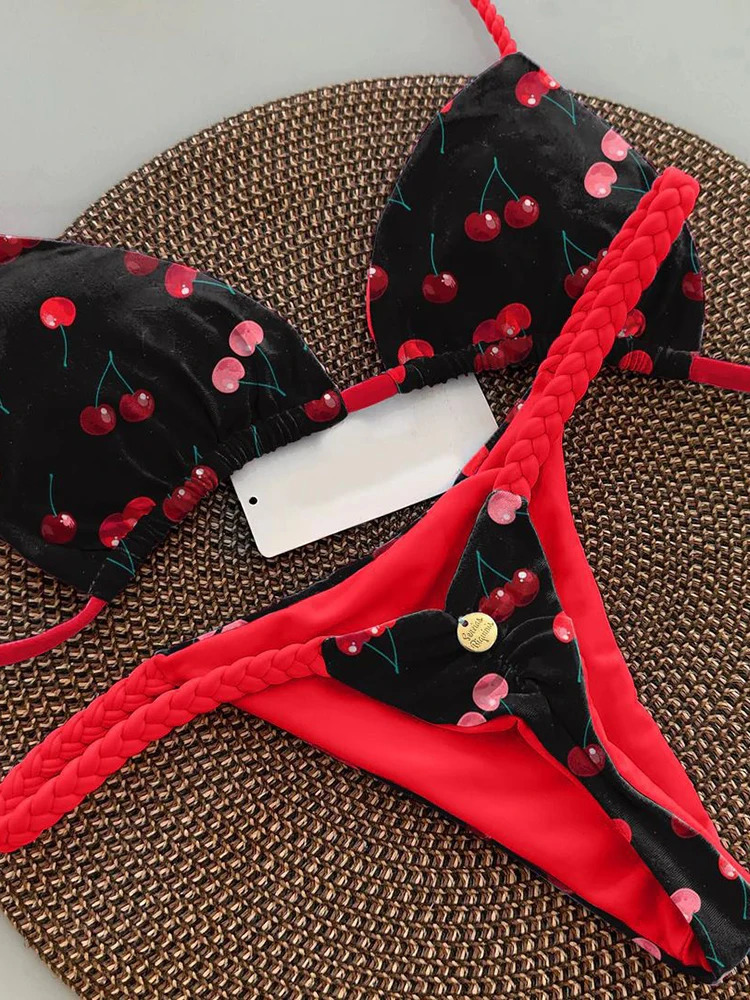 OIINAA cherry Print Bikini Set Women Swimsuit Two-pieces Beachwear Summer 2025 Fashion Swimwear Bathing Suit Vacation Beachwear 250122