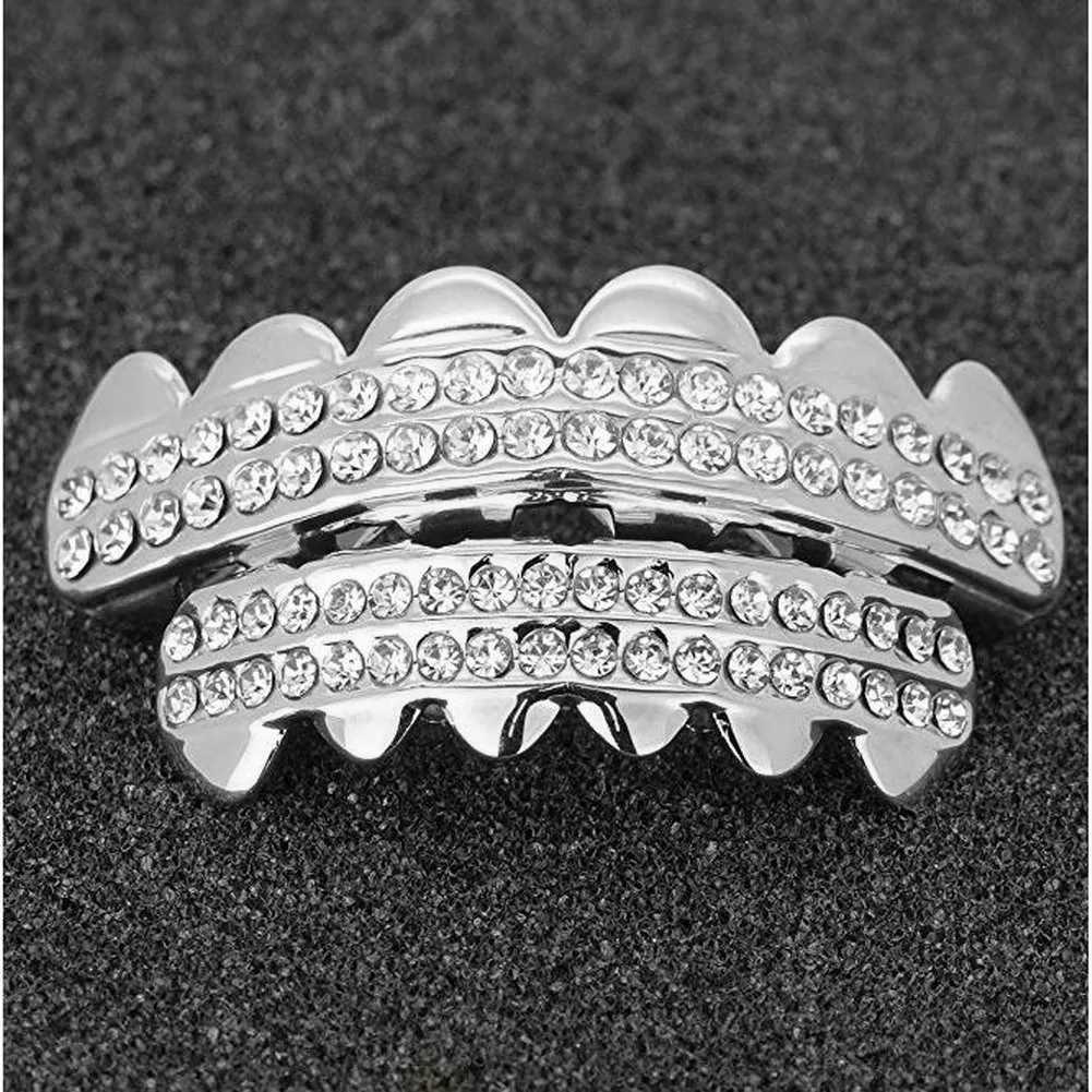 RACHELZ Hip Hop CZ Stone Teeth Grillz Caps 14K Gold Plated Double Row Cubic Zircon Tooth Grills For Women Men Jewelry GiftXJ250114