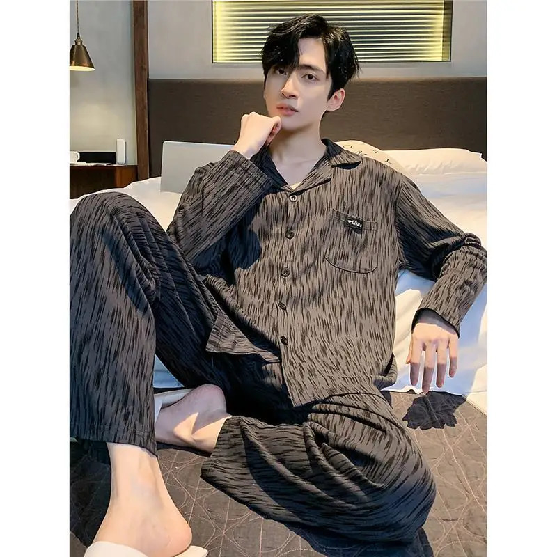 High-Grade Cotton Pyjamas Mens Autumn Winter Long-Sleeved Big Yards Outside the Cardigan Homewear Plaid Sleepwear Man2PCS/Set 250108