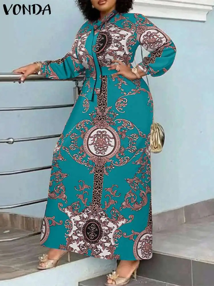 VONDA Maxi Dress Summer Women Bohemian Printed Party Sundress Long Sleeve Stand Collar Casual Robe Holiday Dresses Belted 250117