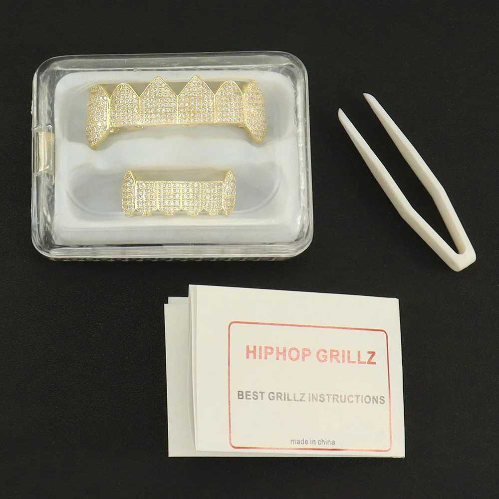 Hip Hop Iced Out CZ Stones Teeth Grillz Caps Cubic Zircon Micro Pave Top Bottom Charm Grills Set For Men Women Jewelry GiftXJ250114