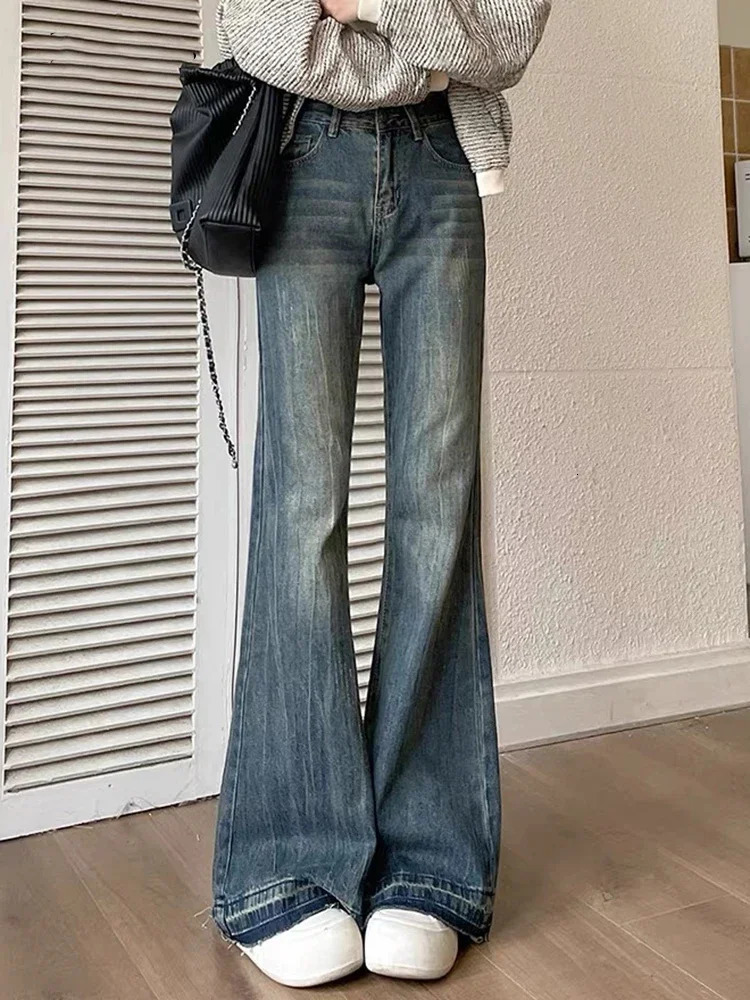 Winter Fashion Slim Fit Casual Retro Blue Womens Jeans American YK2 Unique Office Pocket Basic Women Flare Pants 250108