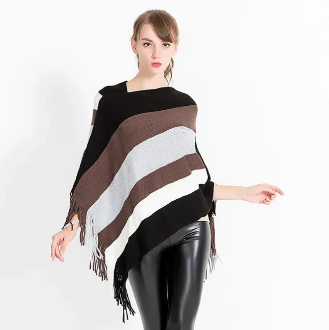 Autumn Winter Knitted Pullover Cloak Shawl Womens Fashion Stripe European American Womens Scarf Girl Outdoor Pink 250121