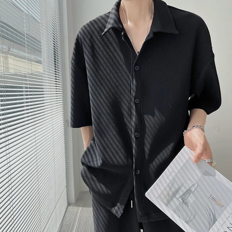 Summer Pleated Sets Men Fashion Black/White Casual Ice Silk Suit Men Korean Short-sleeved Shirt/Trousers Two-piece Mens Set 250109