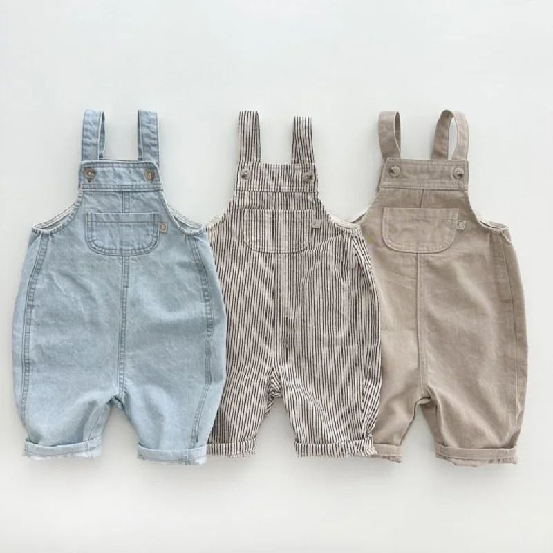 Childrens pants 06 year old thin mens suspender casual solid color breathable denim girls jumpsuit 250117