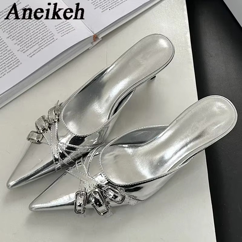 Aneikeh Fashion Pointed Toe Women Slippers Designer Shallow Thin Heels Banquet Dress Mule Ladies Shoes Atos De Mujer