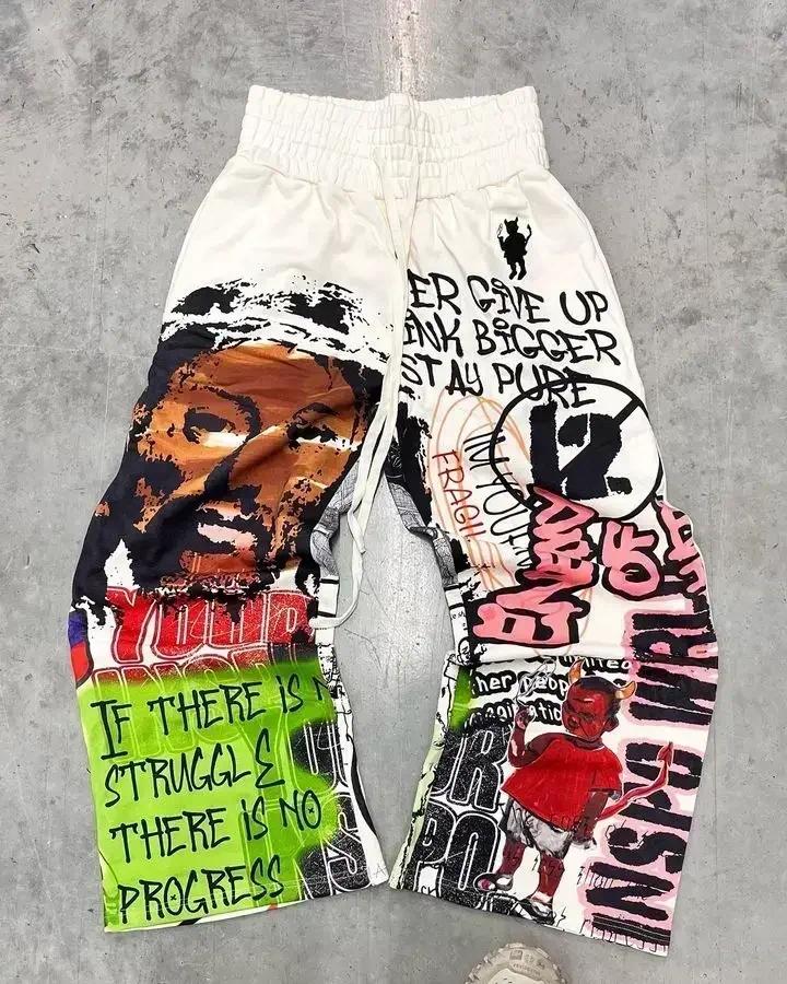 Men's Clothing Pants American Letter Patch Retro Double Layer Baggy Sweatpants Hip Hop Street Style Gothic Elastic Waist Jogging Casual Printed J
