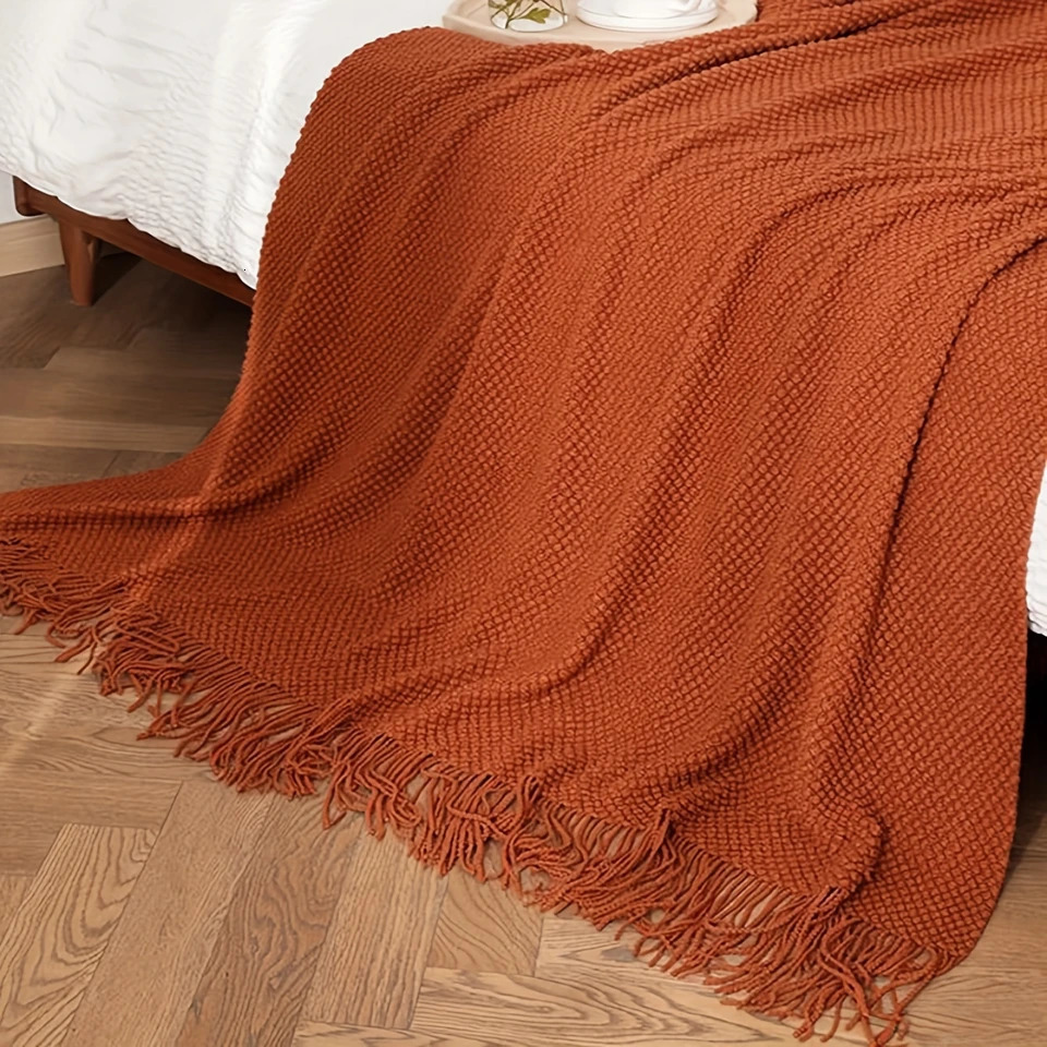 1pc Morandi Orange Tassel Knitted Blanket Soft Warm Throw Blanket Nap Blanket For Couch Sofa Office Bed Camping Travelling 250113