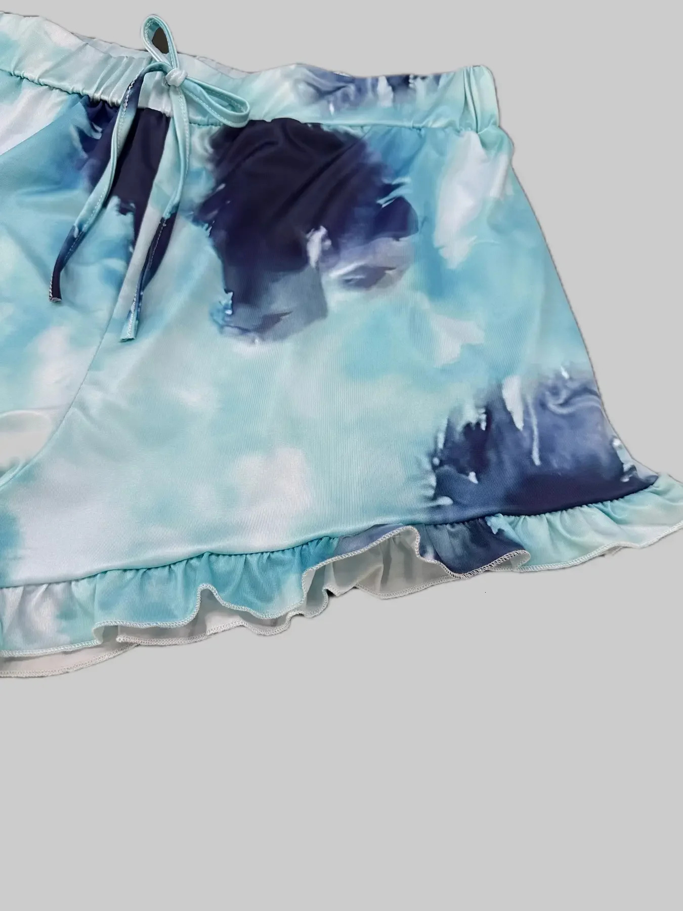 2 Pcs Plus Size Tie Dye Pajama Set with Lettuce Trim Shorts and Short Sleeve Tee Comfortable Home Wear for Casual Days 250122