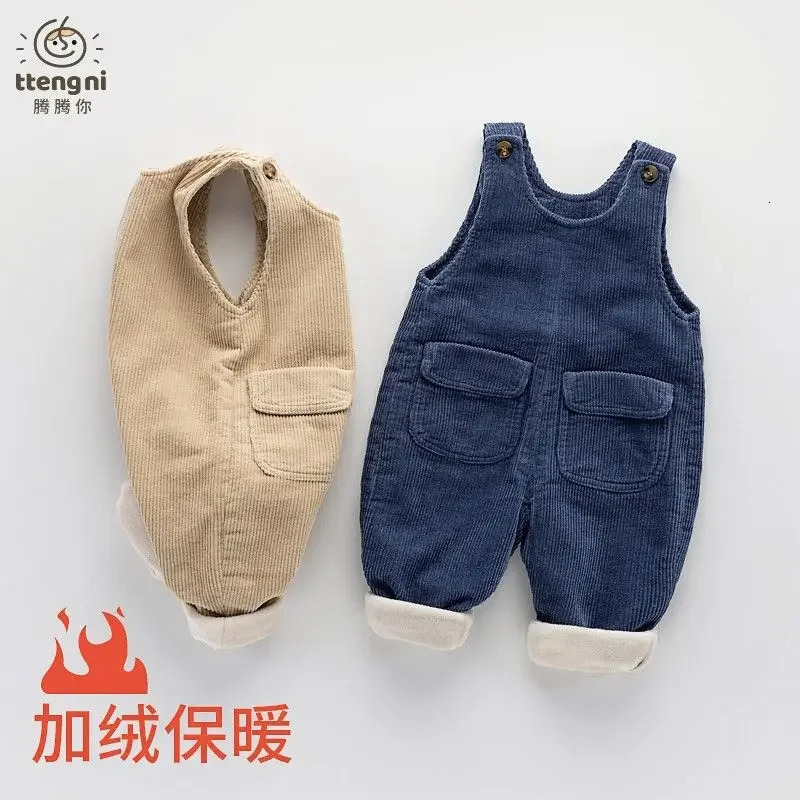 ChildrenS Corduroy Overalls Winter Thickened Plus Velvet Jumpsuits Baby Warm OnePieces Bodysuit Boys Girls Retro Simple Trouse 250117