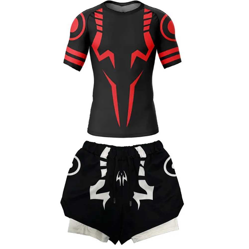 Mens Compression Set Anime Jujutsu Kaisen Printed Summer Gym Compression Shirts+Workout Shorts Breathable Quick Dry Sports Set X250129