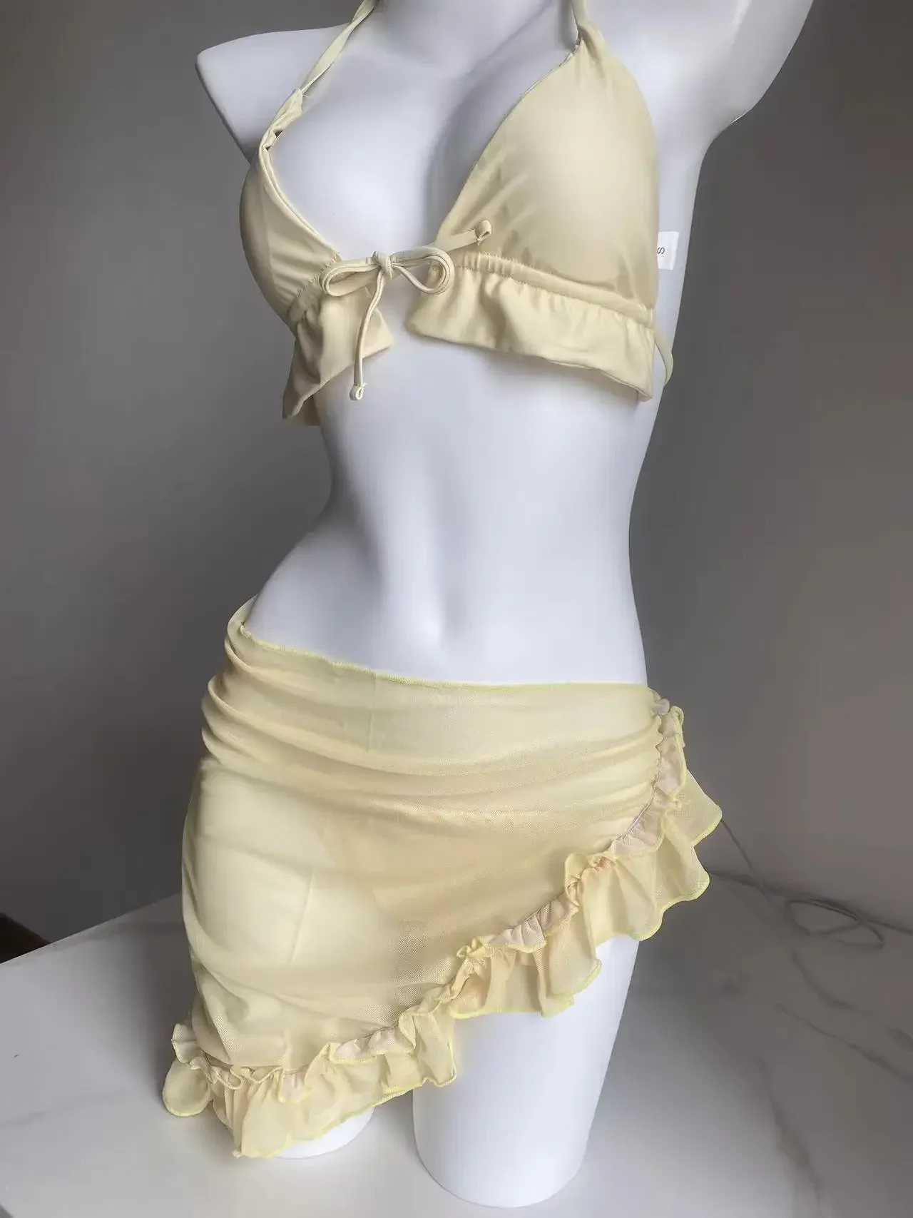 Ladys Summer New Yellow Lilac Bikini 3 PCS Swimsuit with Mesh Short Beach Sarong Swimwear Biquini Beachwear OutfitXJ250120