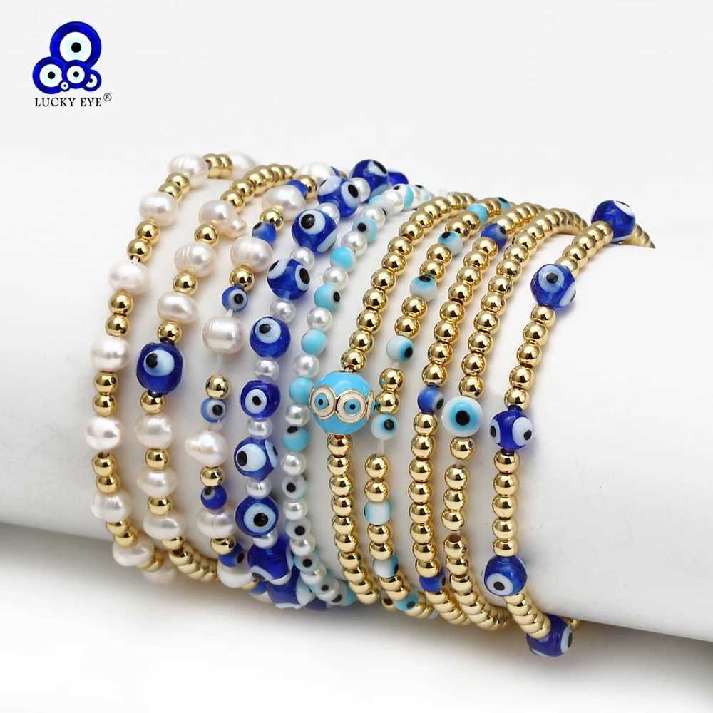Lucky Eye Adjustable Pearl Metal Beads Bracelet Set Turkish Evil Eye Charm Beaded Bracelet for Wen Girls Men Jewelry BE826 X250129