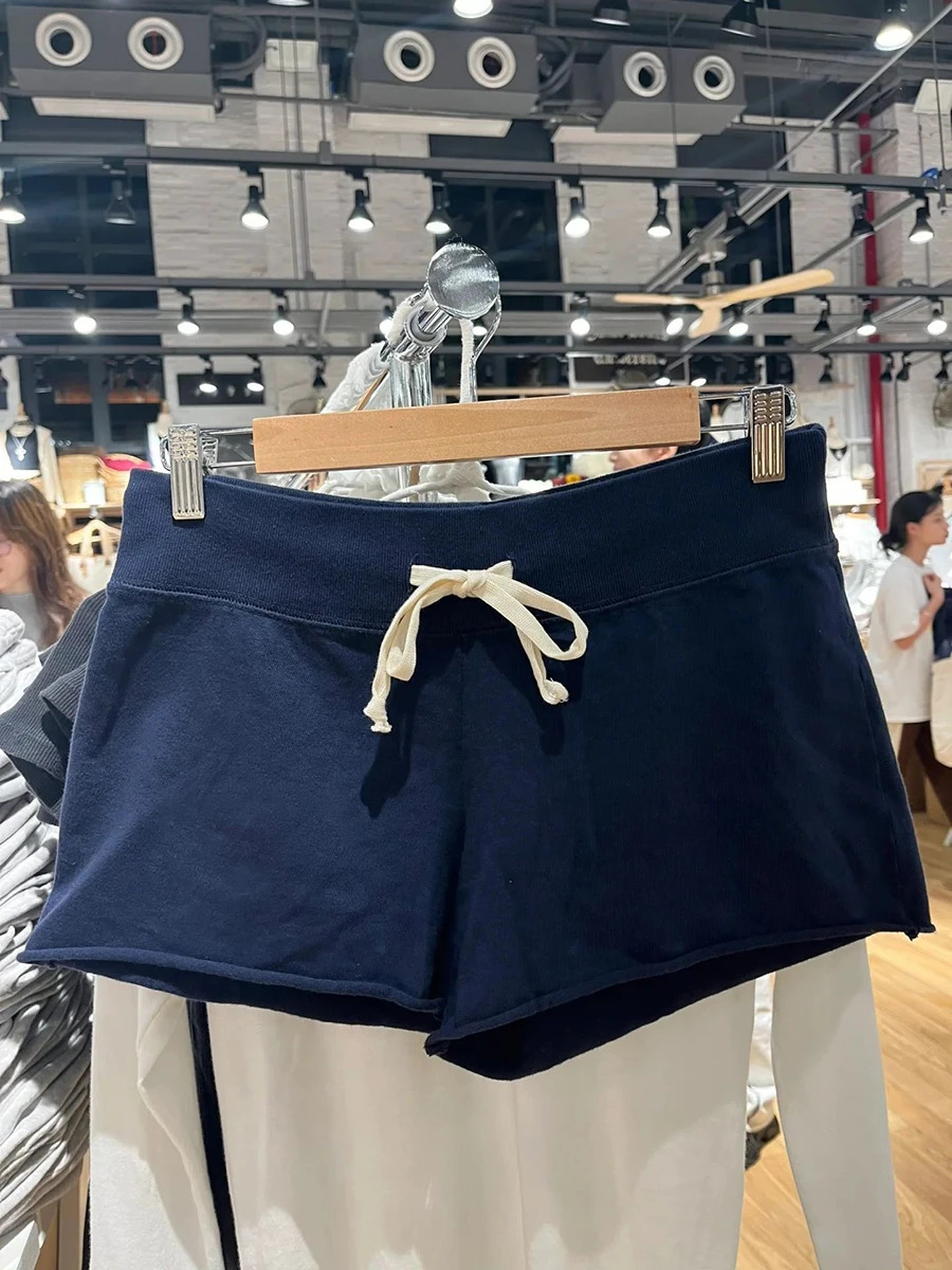 Drawstring Navy Sports Sweatshort Women Summer High Waist Cotton Raw Trim Straight Shorts Vintage Harajuku Streetwear Short Pant 250118