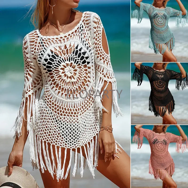 White Crochet Bikini Cover Up with Fringe Trim Women Sexy Hollow Out Beach Swimsuit Dress 2023 Summer Bathing Suit Beachwear 250120