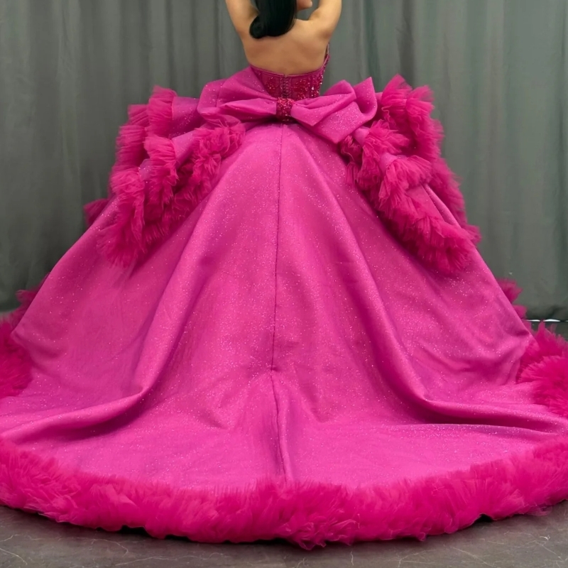 Rose Red Shiny Quinceanera Dresses Ball Gown Off The Shoulder Applique Lace Beading Crystal Tull Tiered Party Birthday Sweet 16 Dres Vestidos De 15 An