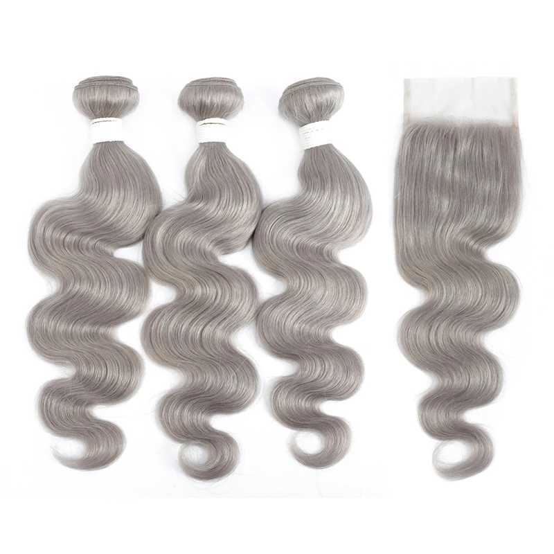 Silver Grey Bundle With Clo 4x4 Brazilian Body Wave Hair Weave Bundles With Lace Clo Remy 100% Human Hair Extension SOKUXJ250120