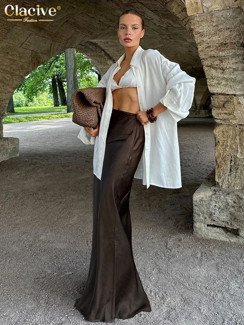 Clacive Fashion Loose Brown Satin Womens Skirt Elegant High Waist Maxi Skirts Ladies Casual Simple Skirt Female Clothing 250117