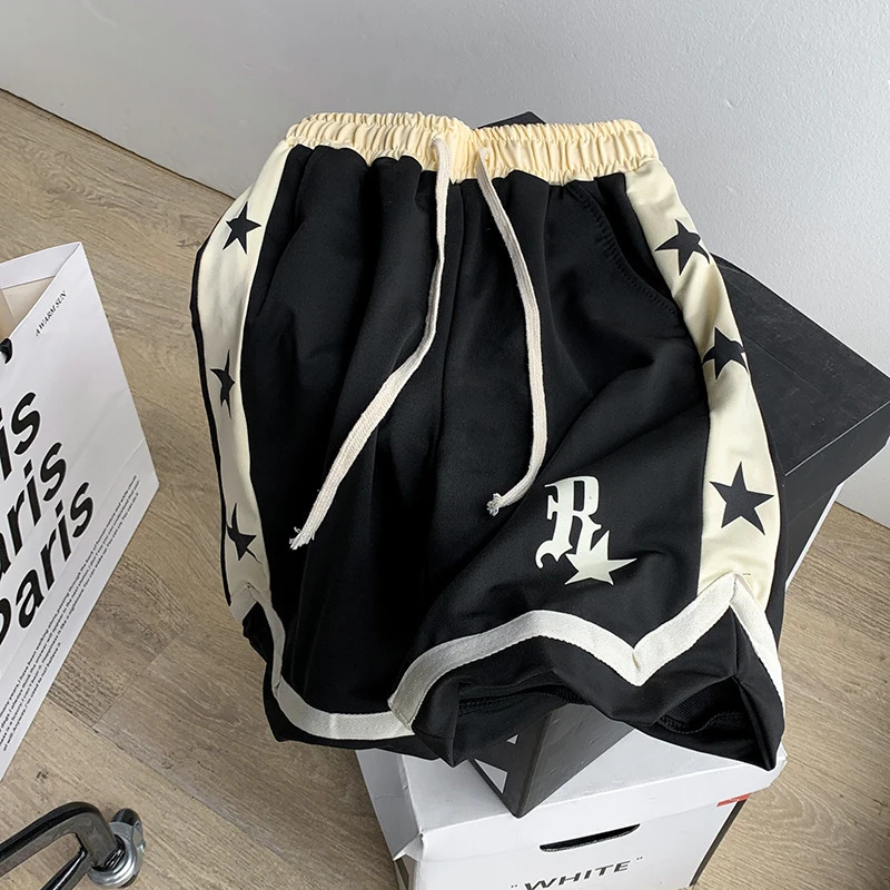 High Street Hip Hop Casual Shorts Mens Summer Splicing Star Printed Loose Straight Sports Shorts from the United States 250110