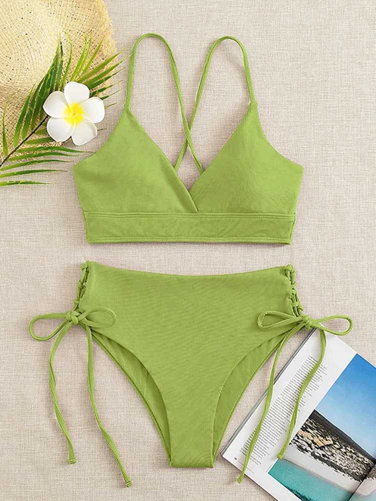 OIINAA Sexy Bikini Set Women Swimsuit Lace Up Bow Deep V-Neck Two-Piece New Fashion Solid Chic Fe Swimwear Bathing BeachwearXJ250120