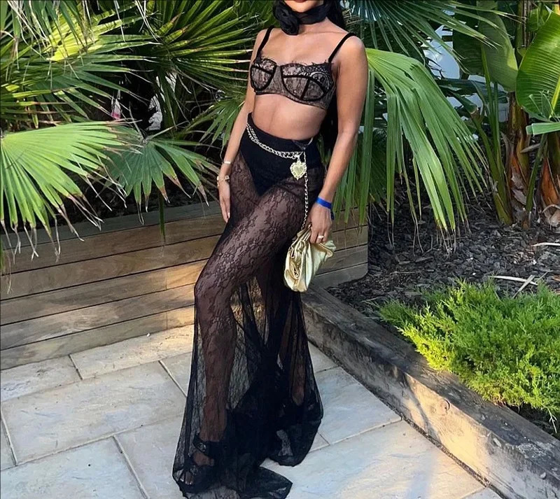 DRC Sexy Dresses 2 Piece Sets Crop Top Maxi Skirt Elegant Party Evening Sheer Lace Dress Vacation Outfits for Women 2025 250113