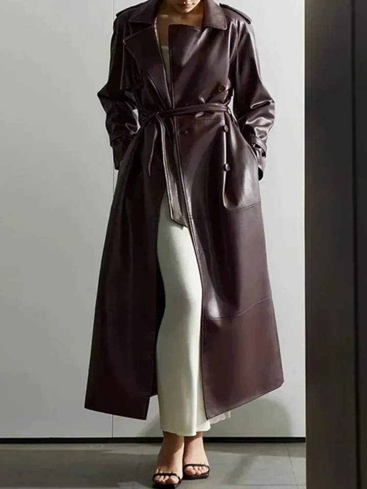 FANAN Womens Fashion Belt Button Pu Leather Jacket Loose Collar Long Sleeve Burgundy Jacket 2025 Spring Business Jackets 250118