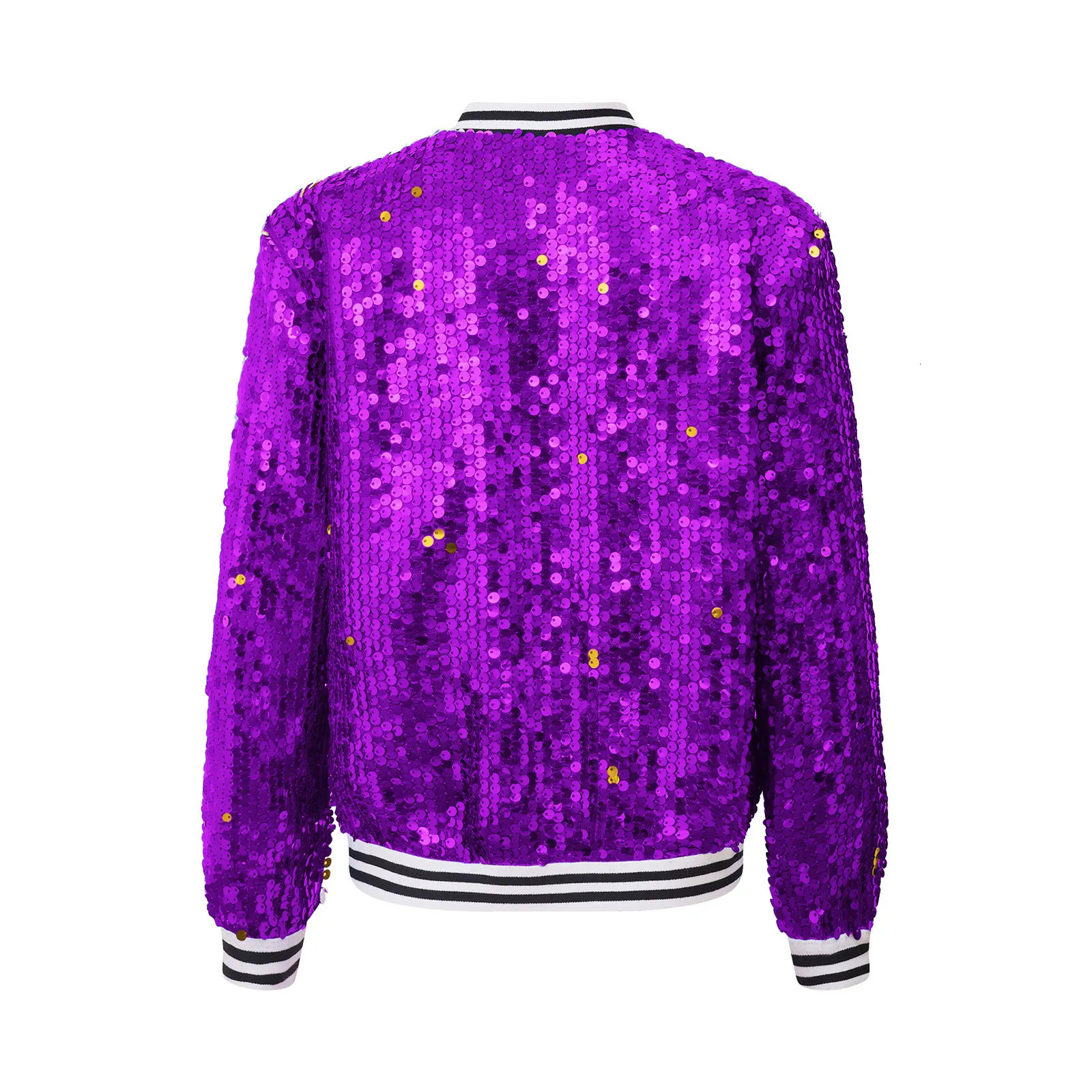 Kids Girls Shiny Sequins Jacket Baseball Coat Long Sleeve Front Zip Up Striped Trim Outerwear Jazz Modern Dancing Party Jackets 250113