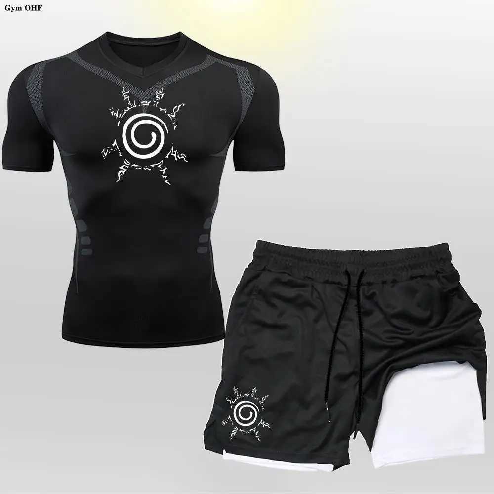 Anime compression shirt mens 2-in-1 shorts fitness gym exercise MMA Rashguard Jujutsu runner training clothing set X250129
