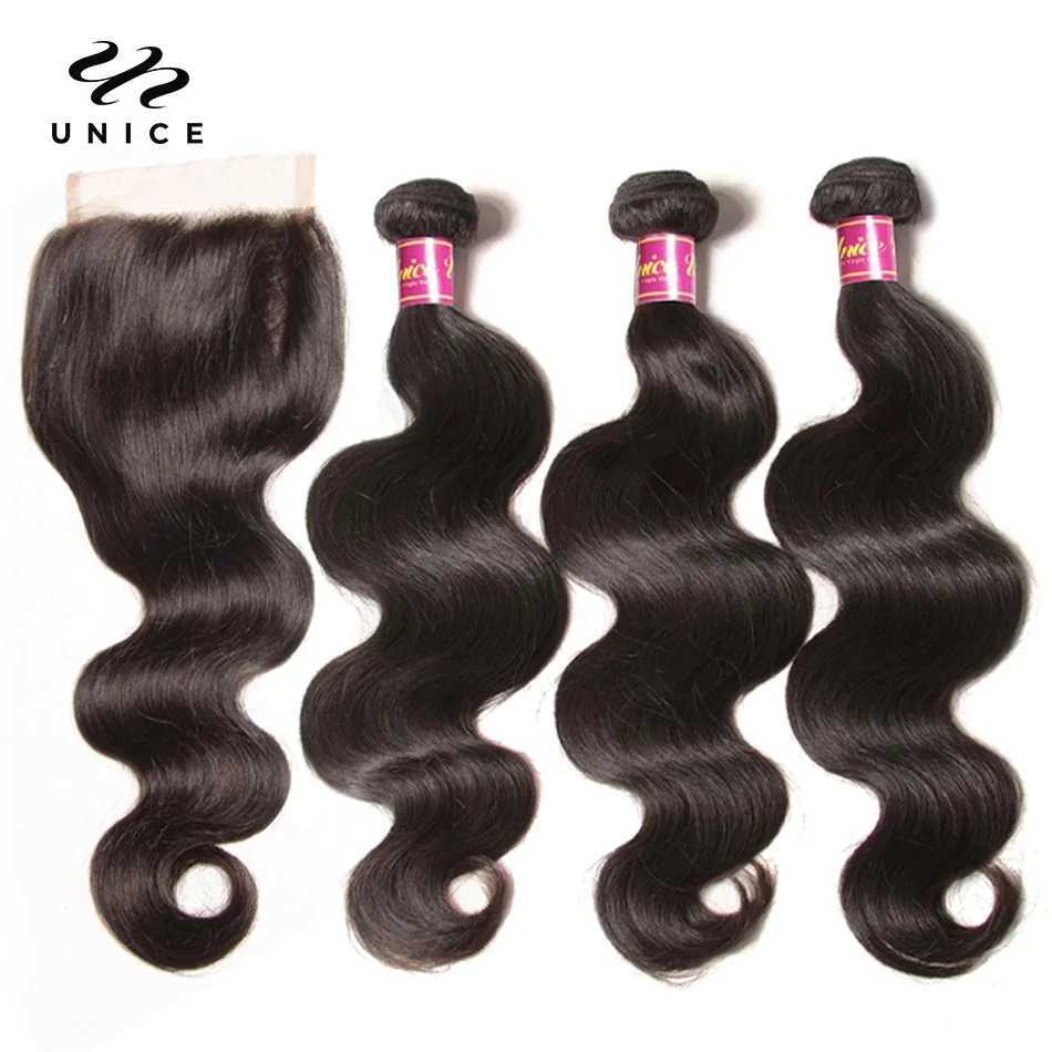 Unice Hair Body Wave Human Hair Bundles With Clo Natural Color 100% Human Hair 3/4 PCS Bundles With 4x4 Inch Lace CloXJ250120