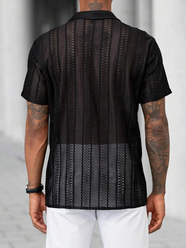 Daily Casual See Through Mesh Shirt For Mens Autumn Beach Sexy Hollow Out Mesh Lace Shirts Men Short Sleeve Breathable Tops 250118
