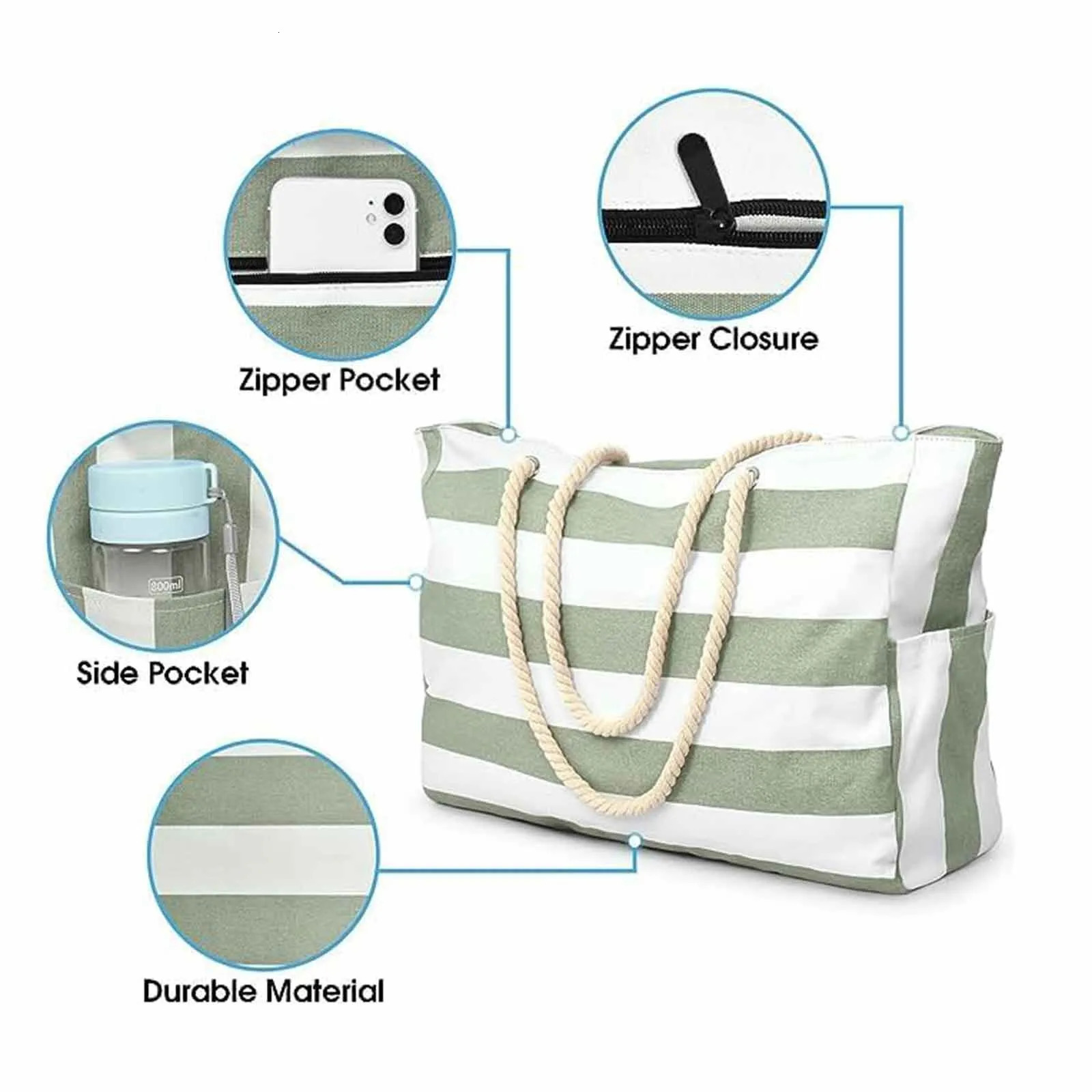 Striped Zipper Double Outer Bag Canvas Polyester Beach Bag For Outdoor Travel Seaside Vacation Large Capacity 250121