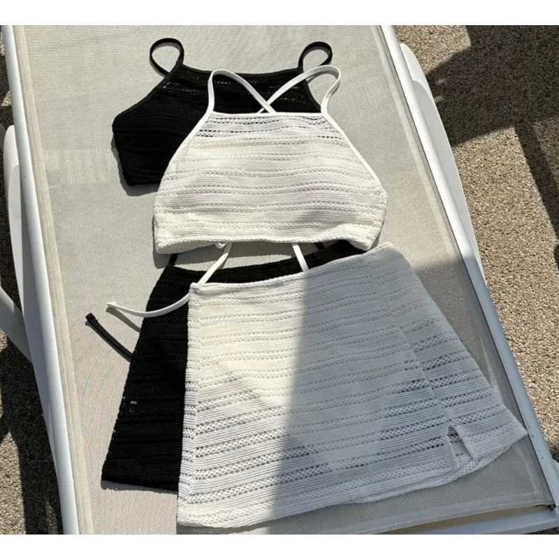New Two Pieces Set Swimsuit Women White Swimwear Sexy High Neck Bikini High Waist Skirts Beach Wear Knitting Bathing Suit KoreanXJ250120