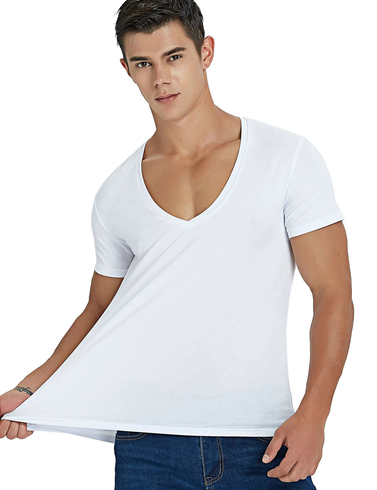 Stretch Deep V Neck T Shirt for Men Low Cut Vneck Vee Top Tees Slim Fit Short Sleeve Fashion Male Tshirt Invisible Undershirt 250110
