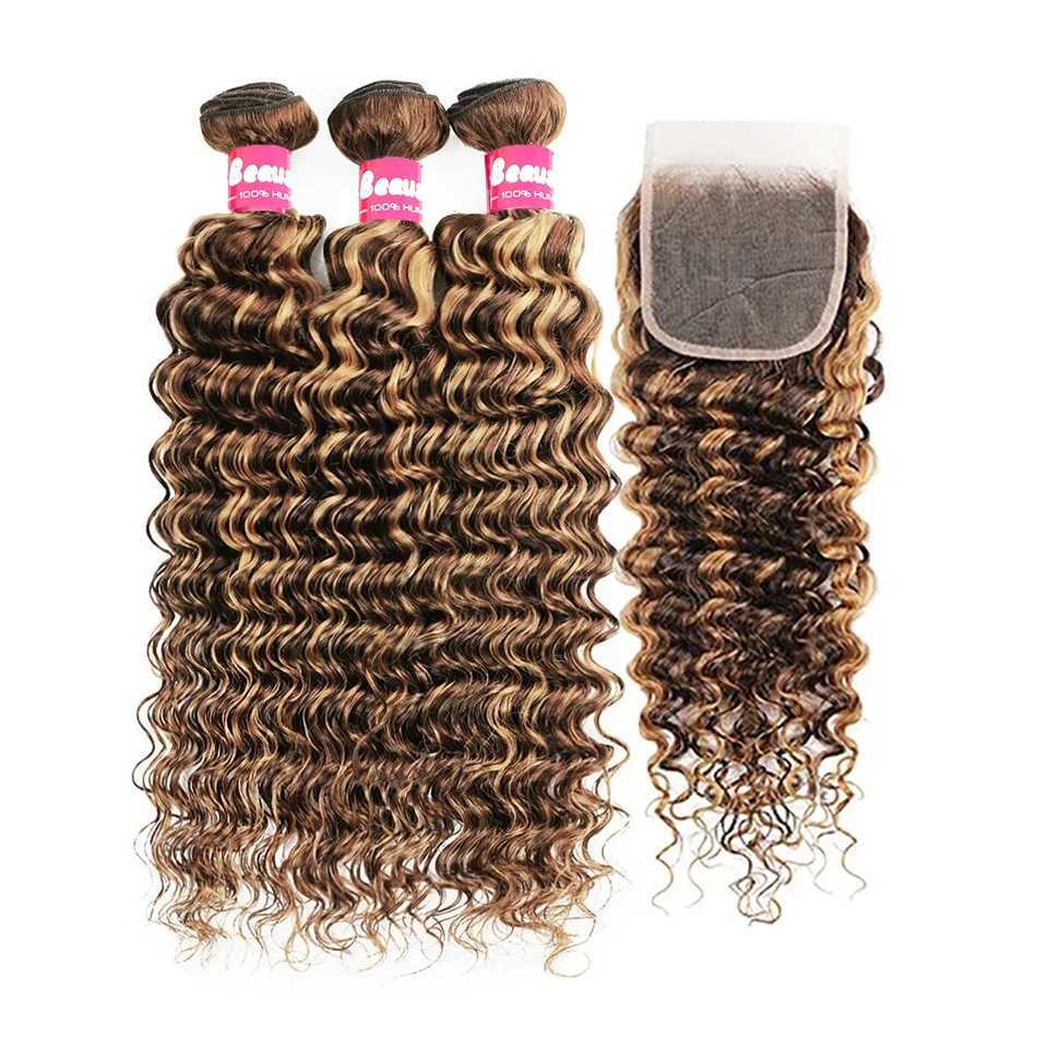 Highlight Human Hair Bundles with Clo 4 27 Deep Wave Bundles with 4X4 Lace CloXJ250120