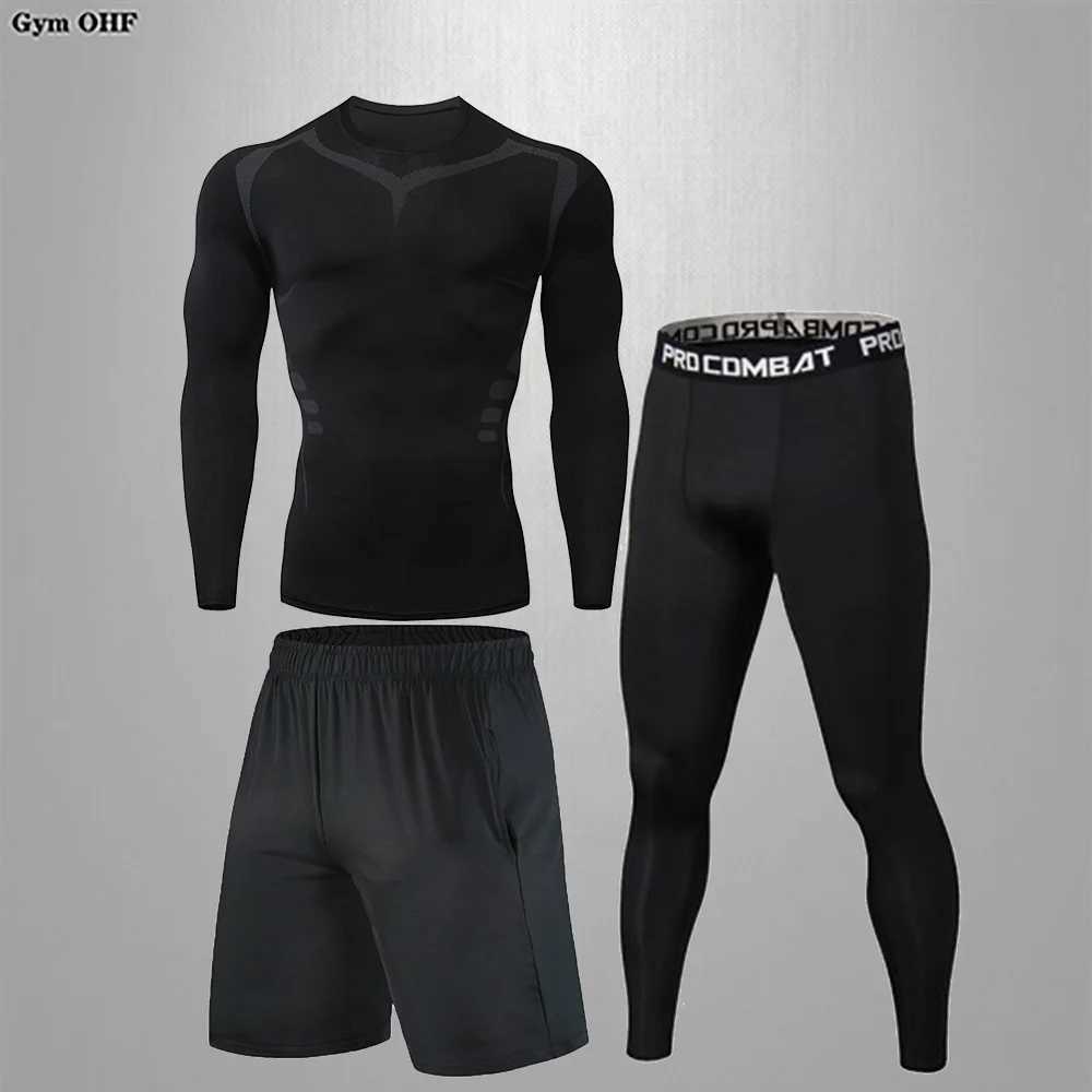 3-piece mens solid color quick dry running set mens gym T-shirt tight fitting set outdoor sports compression shirt X250129