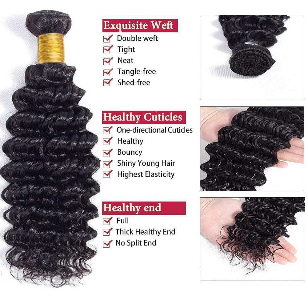Deep Wave Human Hair Bundles with Clo 100% Unprocessed Virgin Human Hair 3 Bundles With Transparent Lace Frontal Natural 1BXJ250120