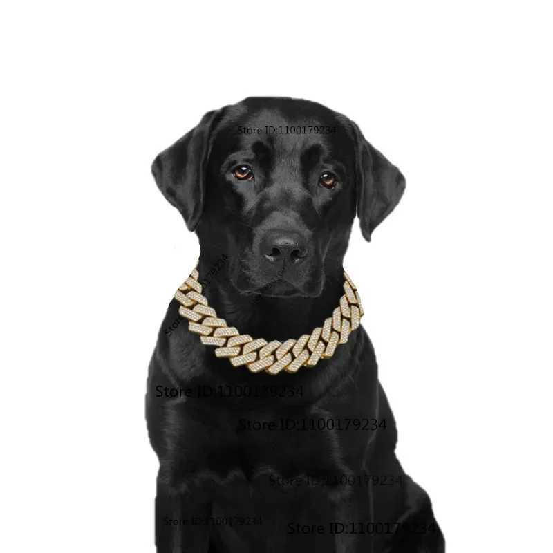 20mm Width Big Solid Metal Dog Chain Collar Diamond Shiny Cuban Link Necklace Cat Pet Crystal Jewelry 2tone Color X250129