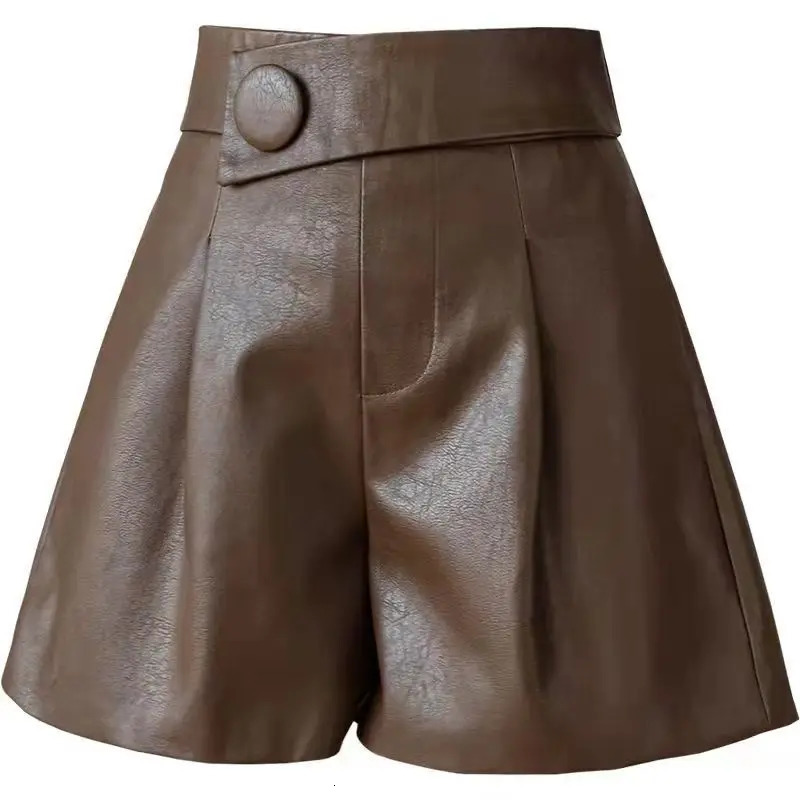 Korean Loose Patchwork Solid Color Leather Shorts Autumn Winter Womens Clothing High Waist All-match Simplicity Pockets Pants 250118