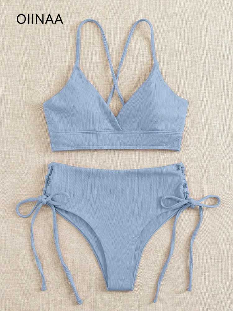 OIINAA Sexy Bikini Set Women Swimsuit Lace Up Bow Deep V-Neck Two-Piece New Fashion Solid Chic Fe Swimwear Bathing BeachwearXJ250120