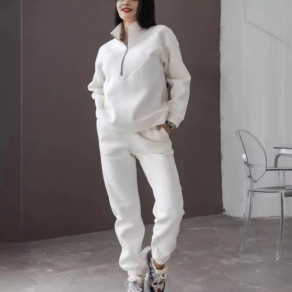 Fashion casual hooded sweatshirt 2-piece set long sleeved solid color wool latte sweatshirt casual set 250118