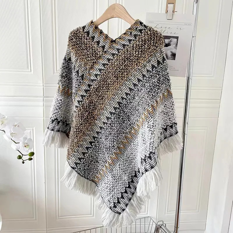 Autumn Knitting Cotton Shawl Ethnic Scarf Striped Tassel Poncho For Women Pashmina Keep Warm Travel Shawls Headband 65*70cm 250120