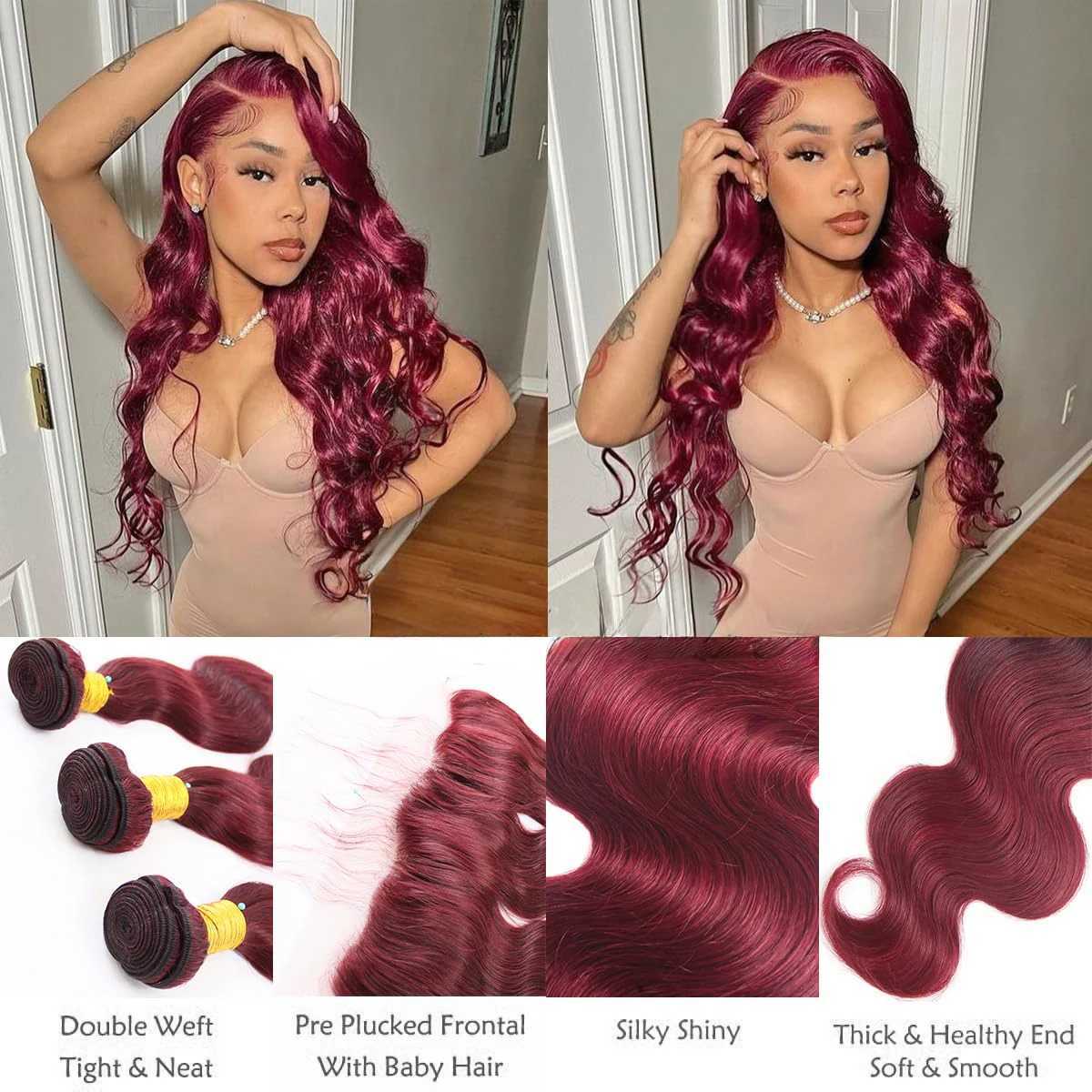 99J Body Wave Bundle with Frontal Human Hair 3 Bundle With 13x4 Lace Frontal Clo Body Wave Dark Burgundy Bundle with FrontalXJ250120