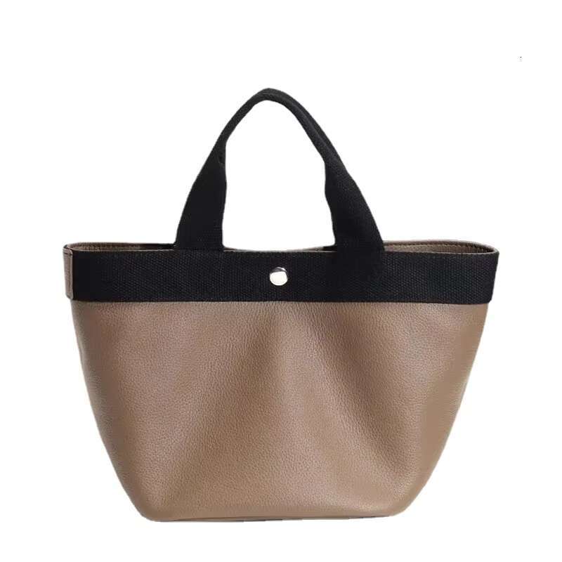 2024 Popular Women's Real Leather Tote With Canvas Trim Apricot Ladies Handbags Purse Large Capacity Leisure Crossbody Bag