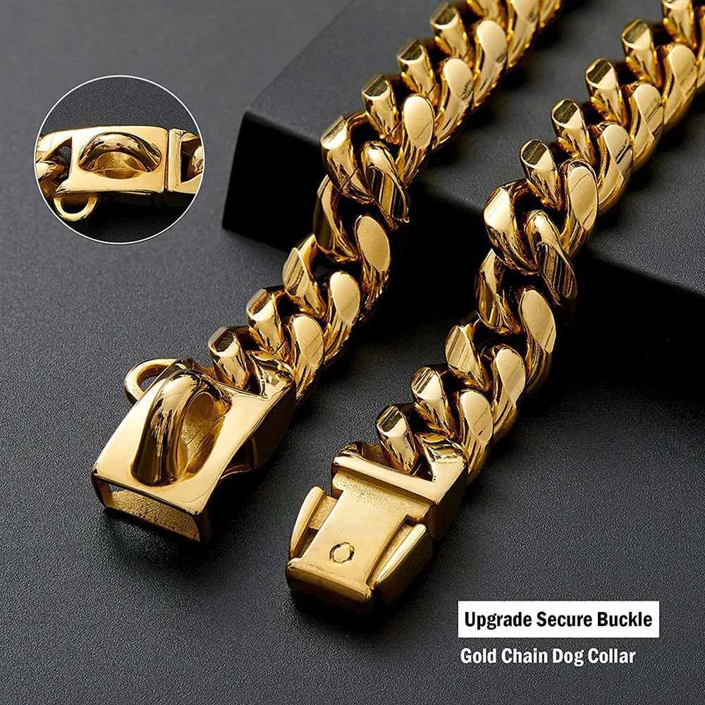 Strong Metal Dog Cuban Chain Collar Stainless Steel Pet Collar For Large Dogs Pitbull Bulldog Silver Gold Show Collar X250129