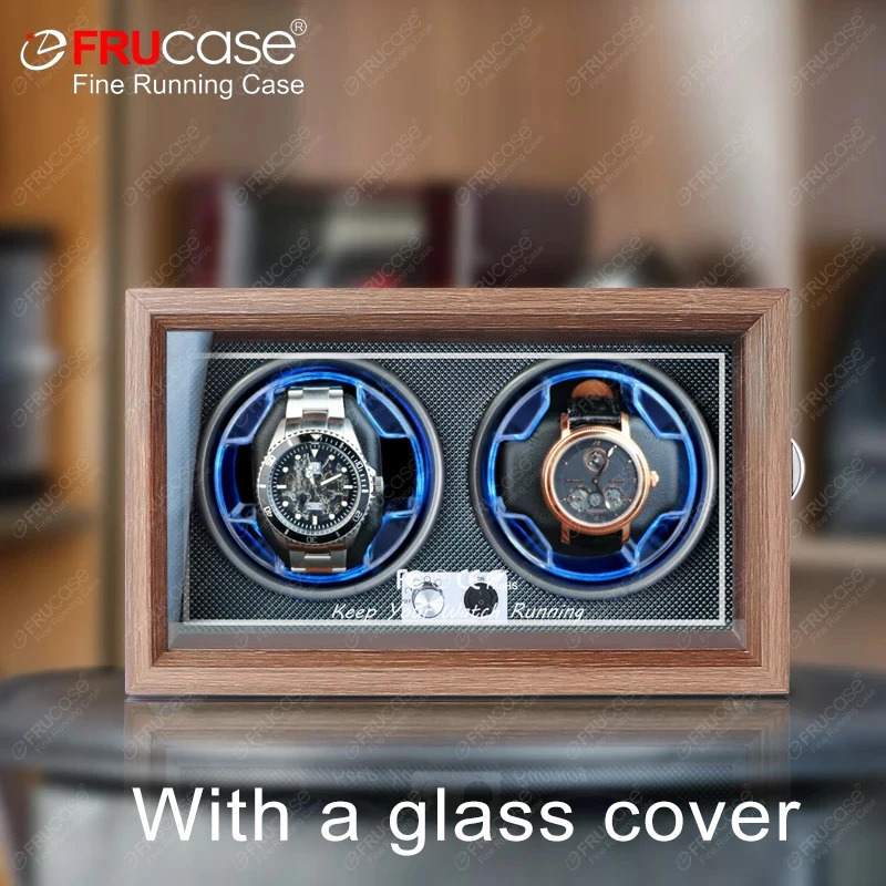 FRUCASE Double Watch Winder for Automatic Watches 2 Box Jewelry Display Collector Storage Wood Grain with Light 250121