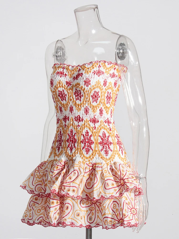 TWOTYLE Hit Color Print Dresses For Women Halter Sleeveless High Waist Folds Tierred Dress Female Fashion Clothing 250120