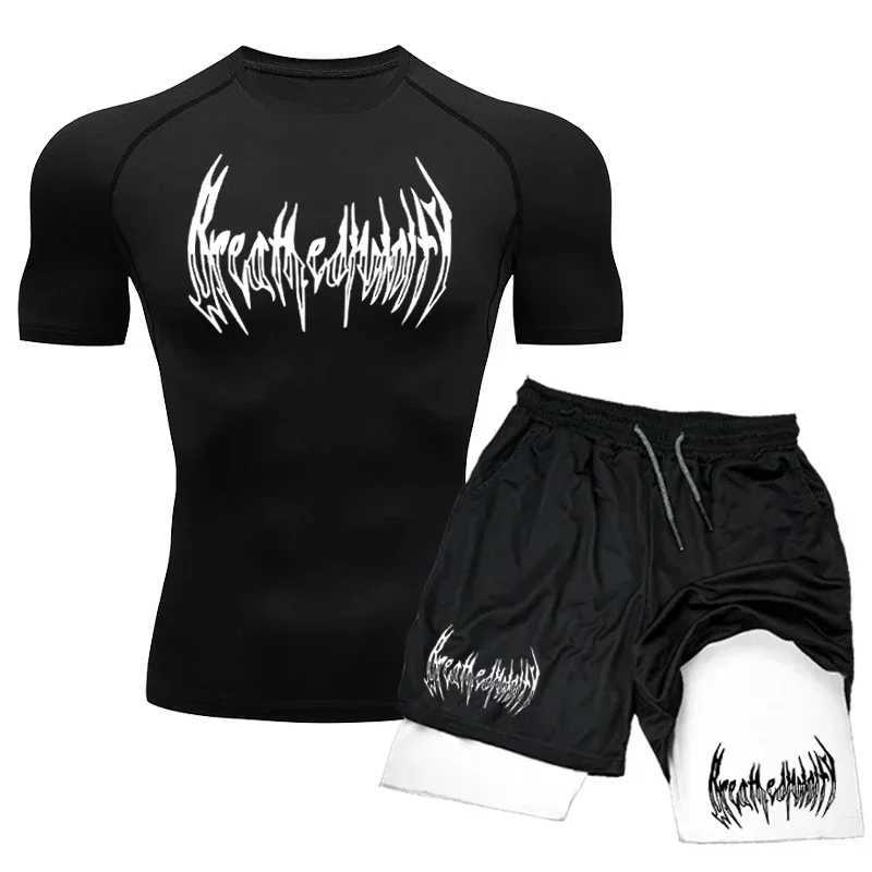 2024 Summer Compression Set Sportwear for Men Muscle GYM Shorts+Shirt Breathable Quick Dry Short Sleeve Training Sport Suit X250129