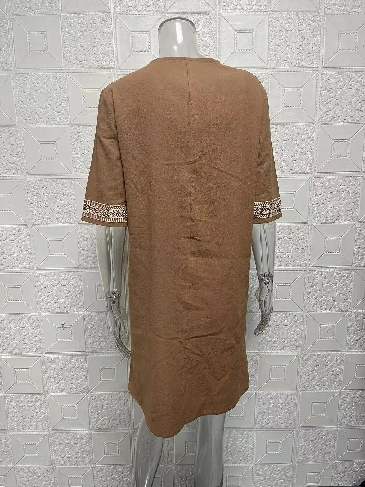 solid color Vneck mid sleeved cotton linen elegant dress 250121