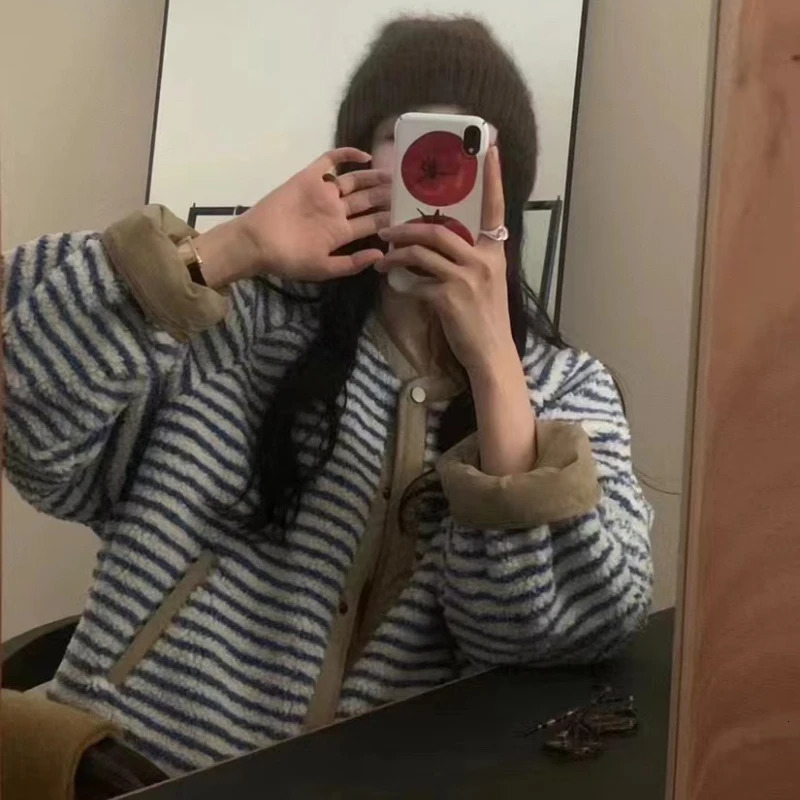Korean Polar Fleece Jacket for Women Winter Striped Contrasting n Oneck Long Sleeve Warm Top Loose Casual Female Clothing 250113